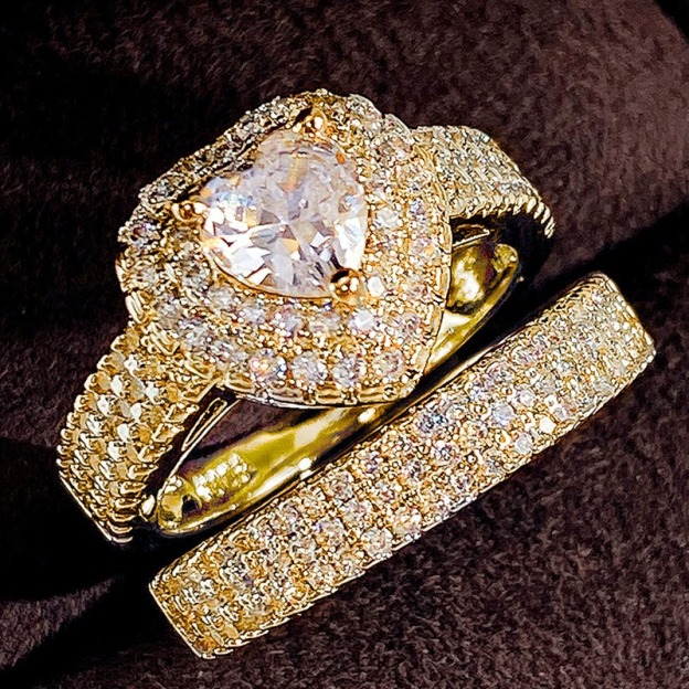 Heart Diamond Luxury S925 Sterling Silver Paved Heart Ring Set