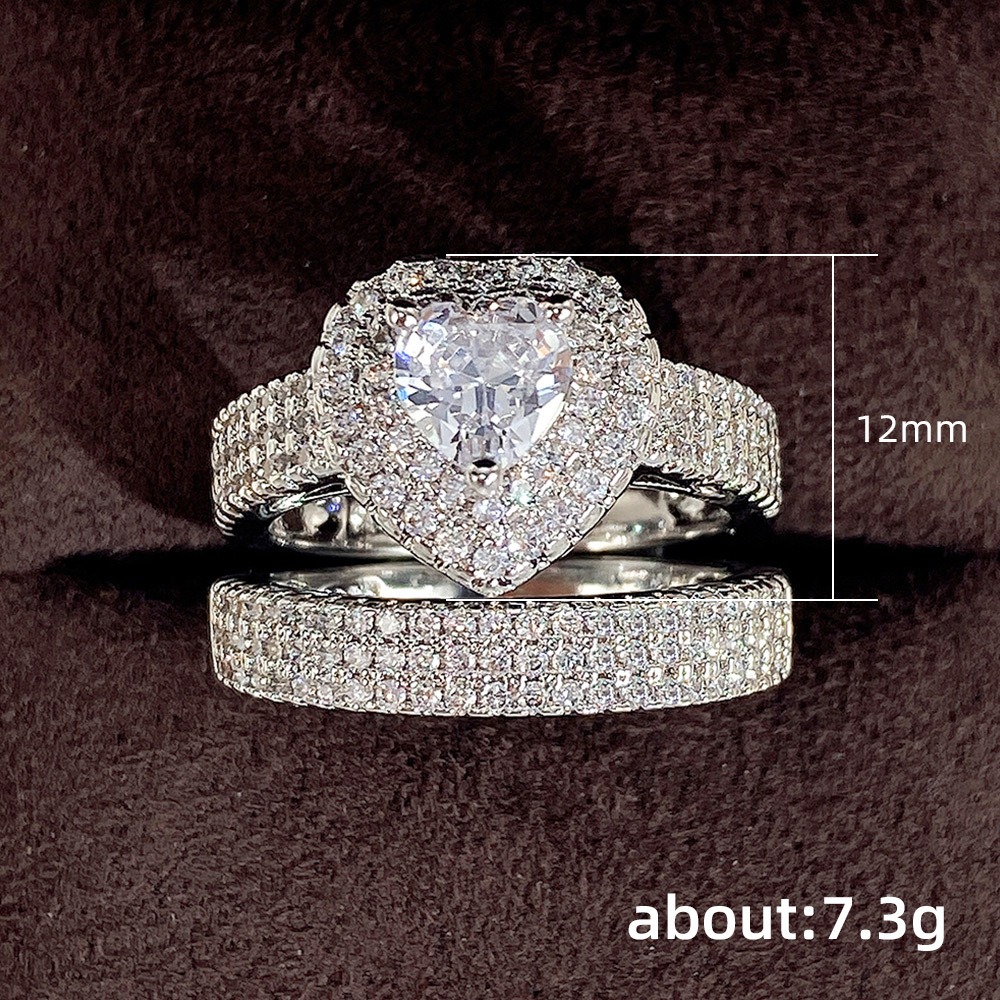 Heart Diamond Luxury S925 Sterling Silver Paved Heart Ring Set