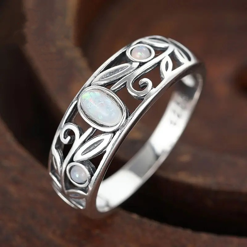 Silver Leaf Opal S925 Sterling Silver Openwork Carved Ring