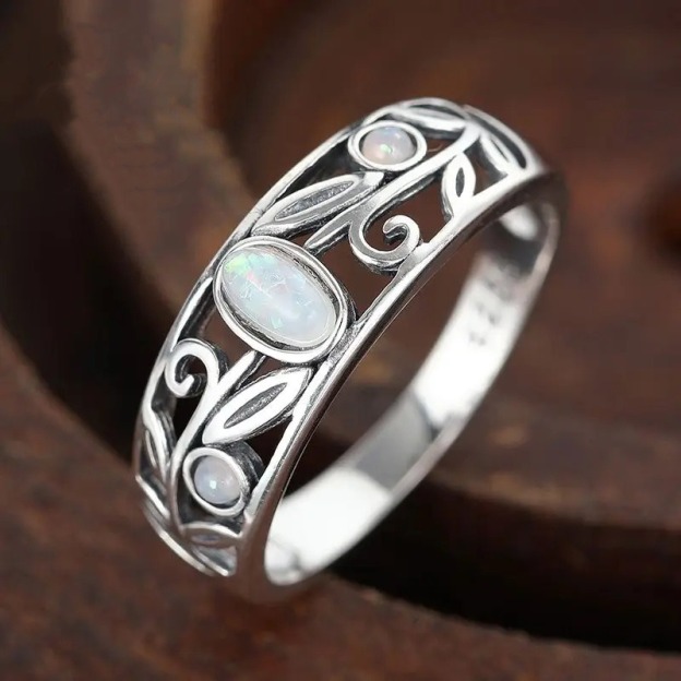 Silver Leaf Opal S925 Sterling Silver Openwork Carved Ring