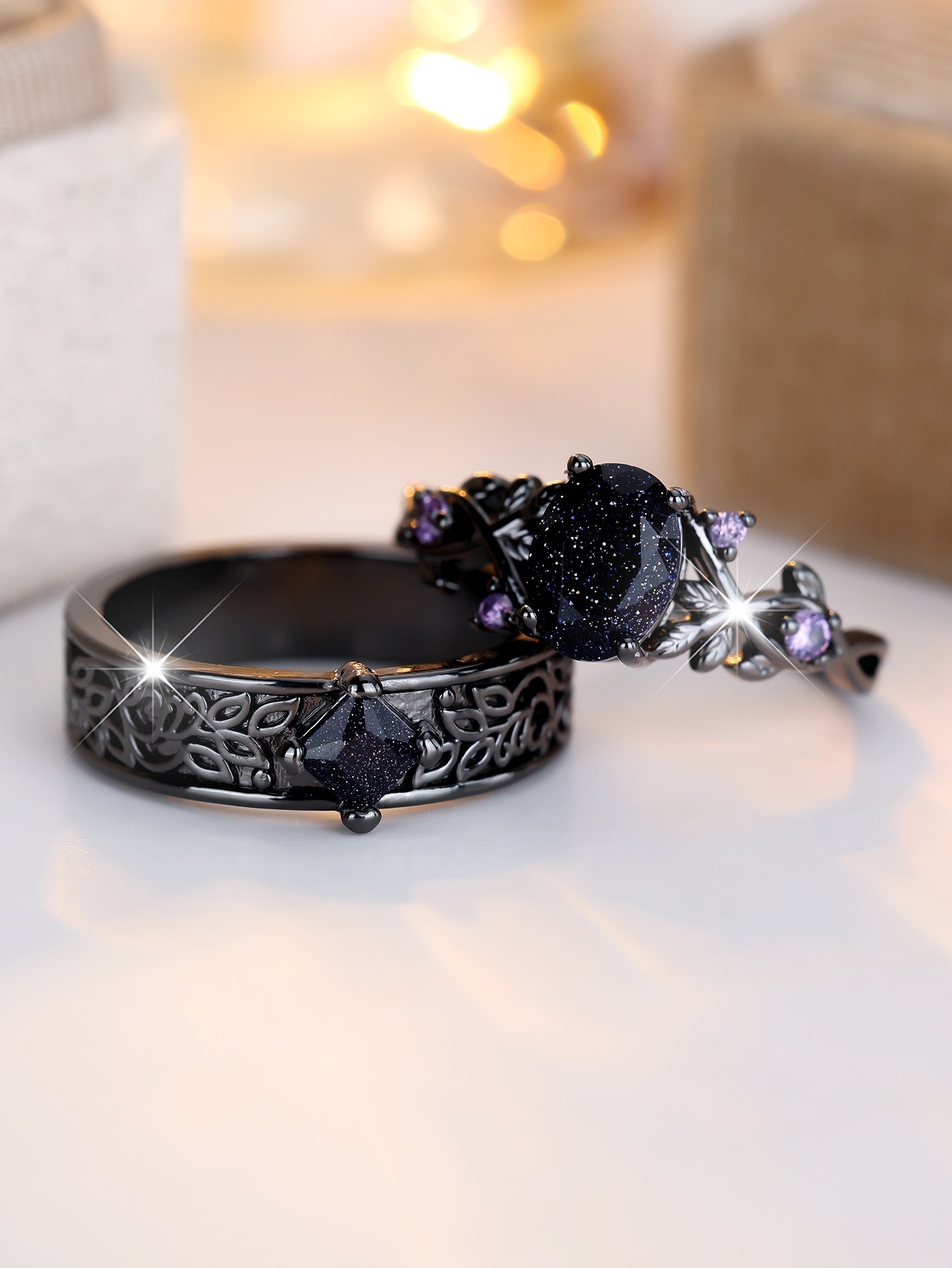 Opal Dreamscape Black-Plated Opal/Stardust Couple Ring Set