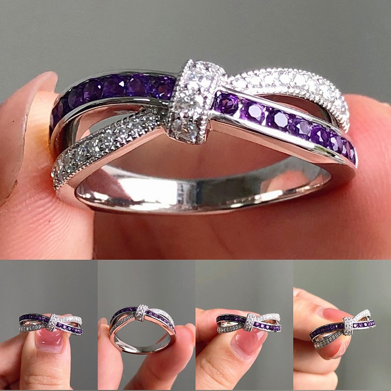 Purple Twist S925 Sterling Silver Platinum-Plated Diamond Amethyst Ring A Romantic Knot at Your Fingertips