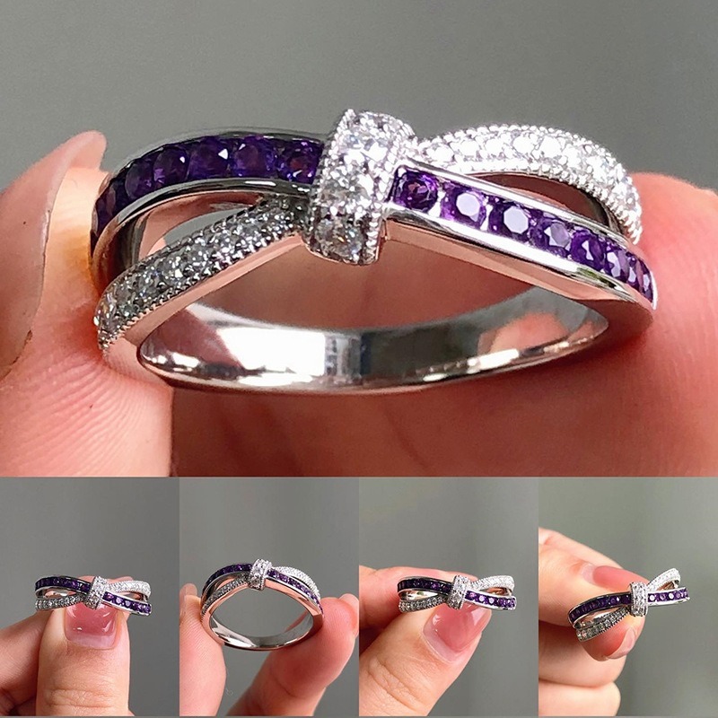 Purple Twist S925 Sterling Silver Platinum-Plated Diamond Amethyst Ring A Romantic Knot at Your Fingertips