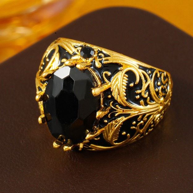 Black Gold Seal S925 Sterling Silver Gold-Plated Onyx Vintage Ring Noble Elegance at Your Fingertips