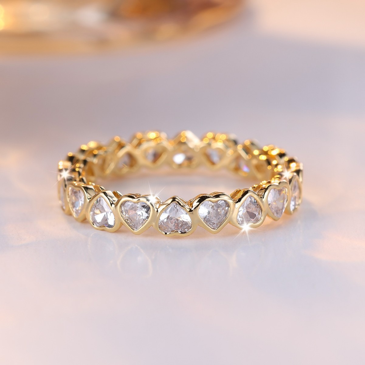 Eternal Heart Eternity Band S925 Sterling Silver Gold-Plated Full Heart-Cut Diamond Ring