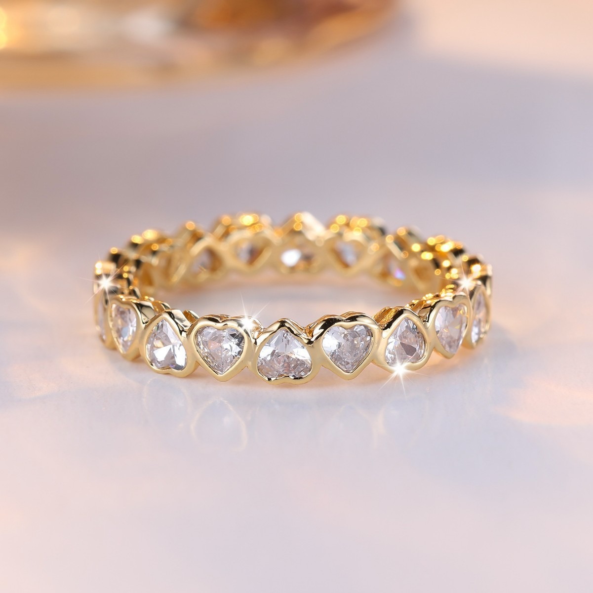 Eternal Heart Eternity Band S925 Sterling Silver Gold-Plated Full Heart-Cut Diamond Ring