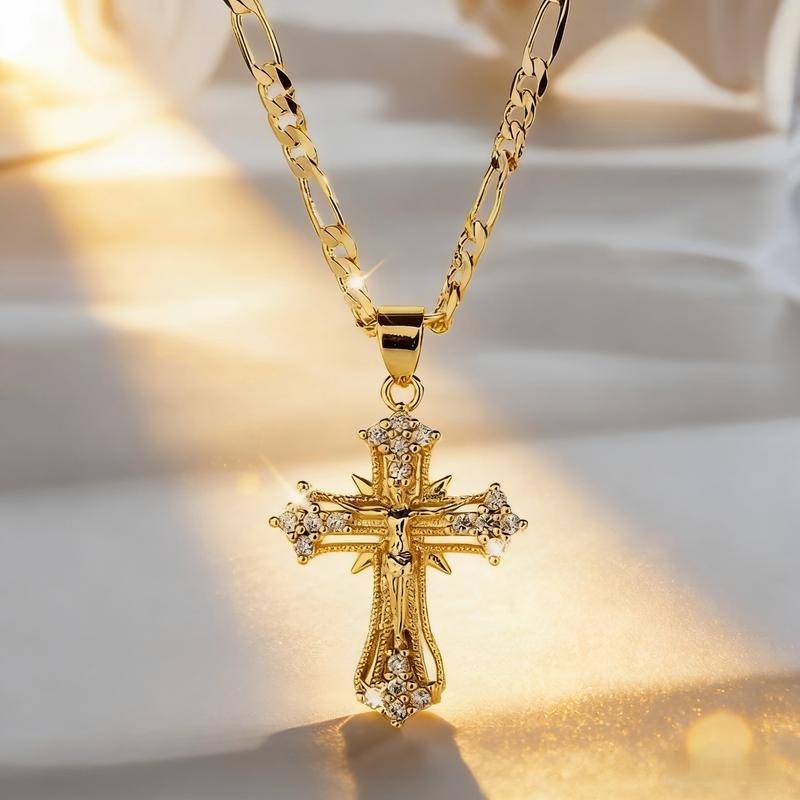 Glory Light Vintage Cross Necklace Gold Cross Pendant with Sparkling Stones