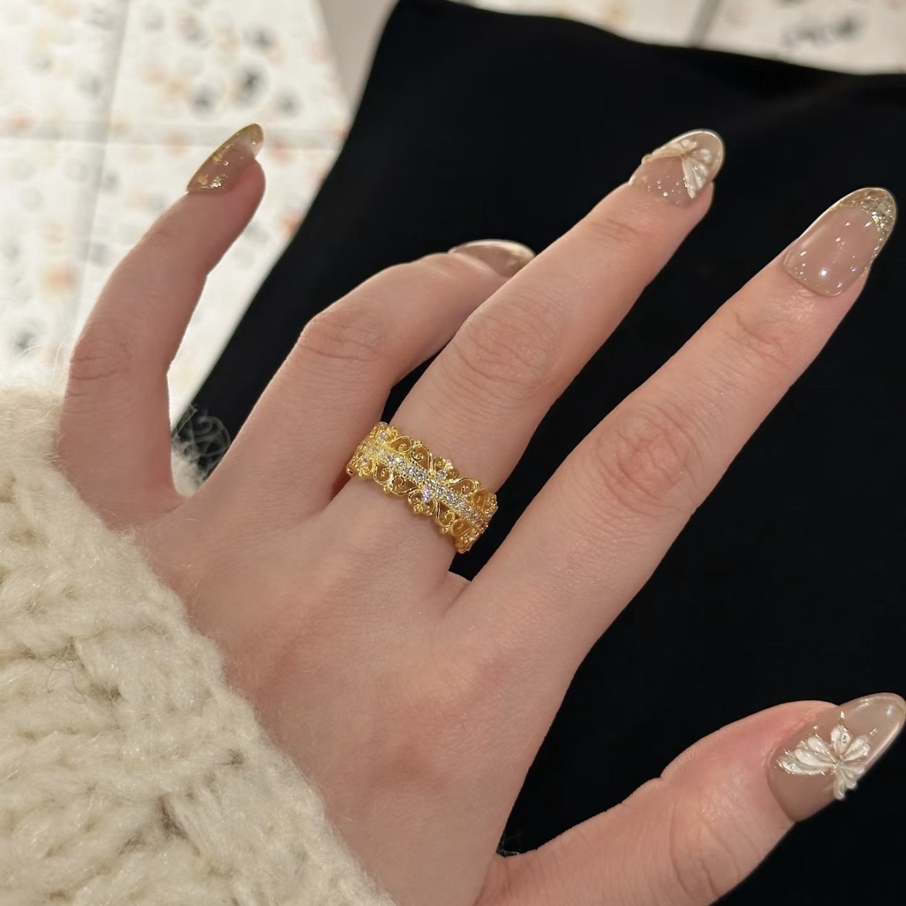 Golden Filigree Blossom 18K Gold Vintage Openwork Filigree Pavé Diamond Wide Band Ring