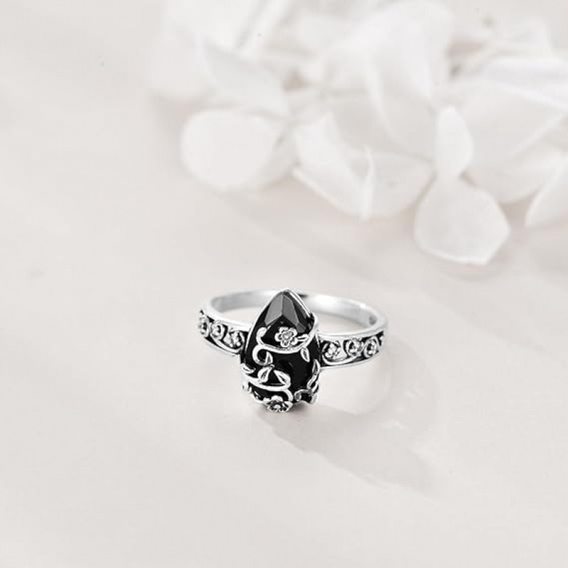 Obsidian Guardian Blossom S925 Sterling Silver Protection Ring Timeless Protective Elegance