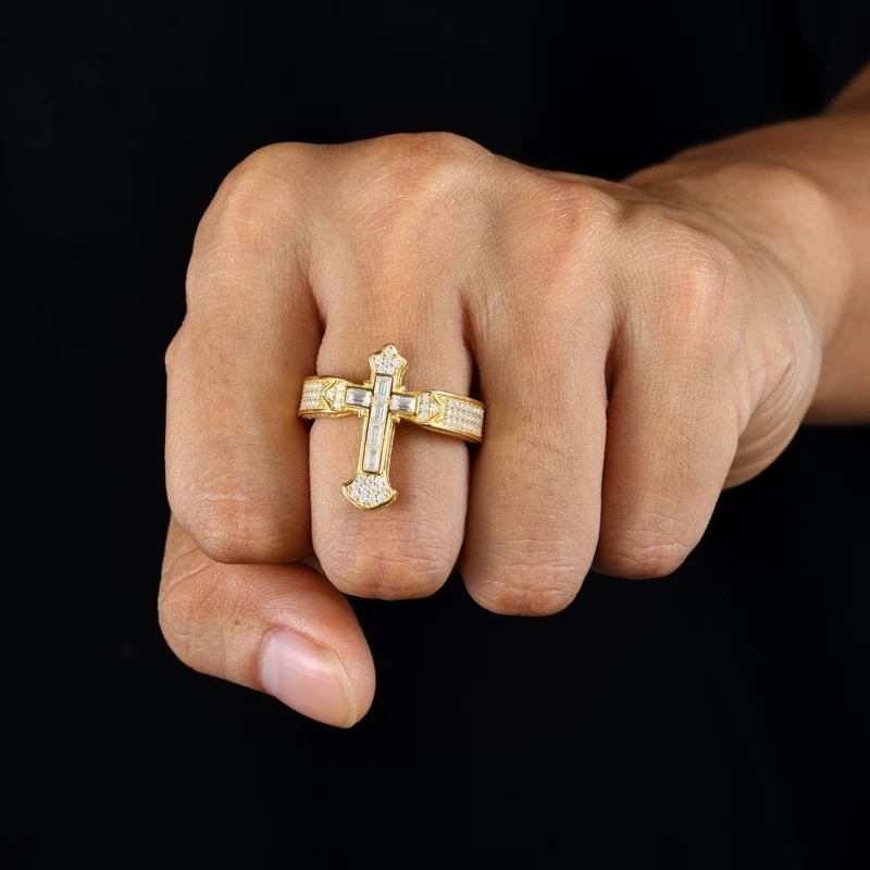 Sacred Radiance Cross 14K Gold Full Crystal Protection Ring