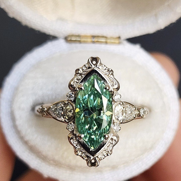 Whisper of the Forest S925 Sterling Silver Marquise Green Diamond Vintage Ring