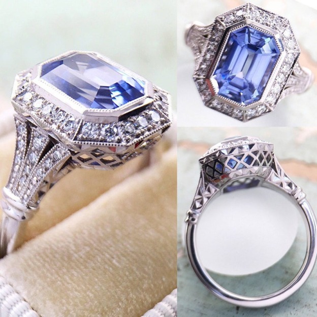 Azure Heirloom S925 Sterling Silver Vintage Emerald-Cut Sapphire Ring