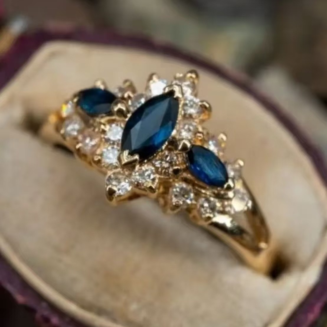 Vintage Starburst 14K Gold-Plated Marquise Sapphire Ring