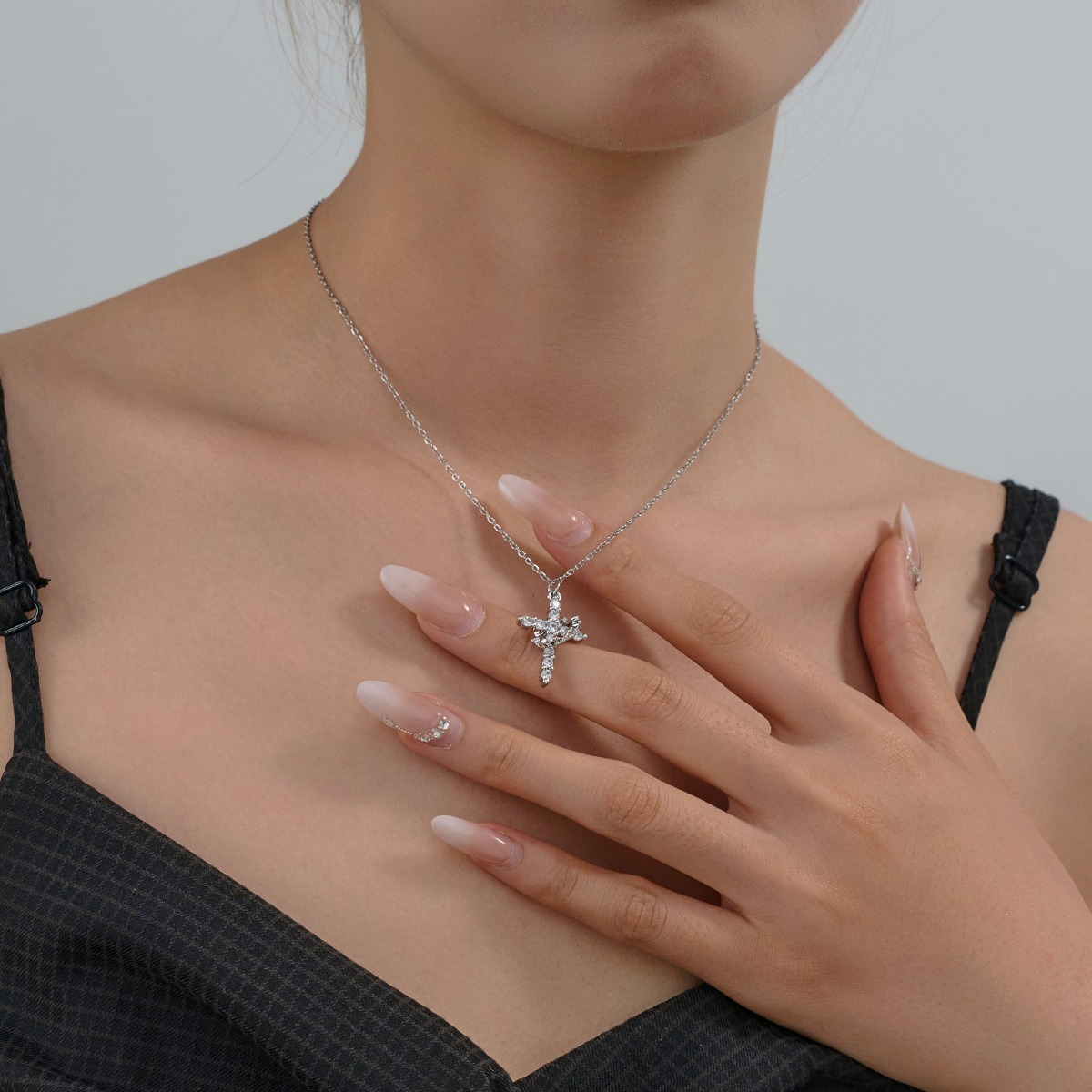 Crowned Faith S925 Sterling Silver Tri-Tone Crystal Crown Cross Necklace