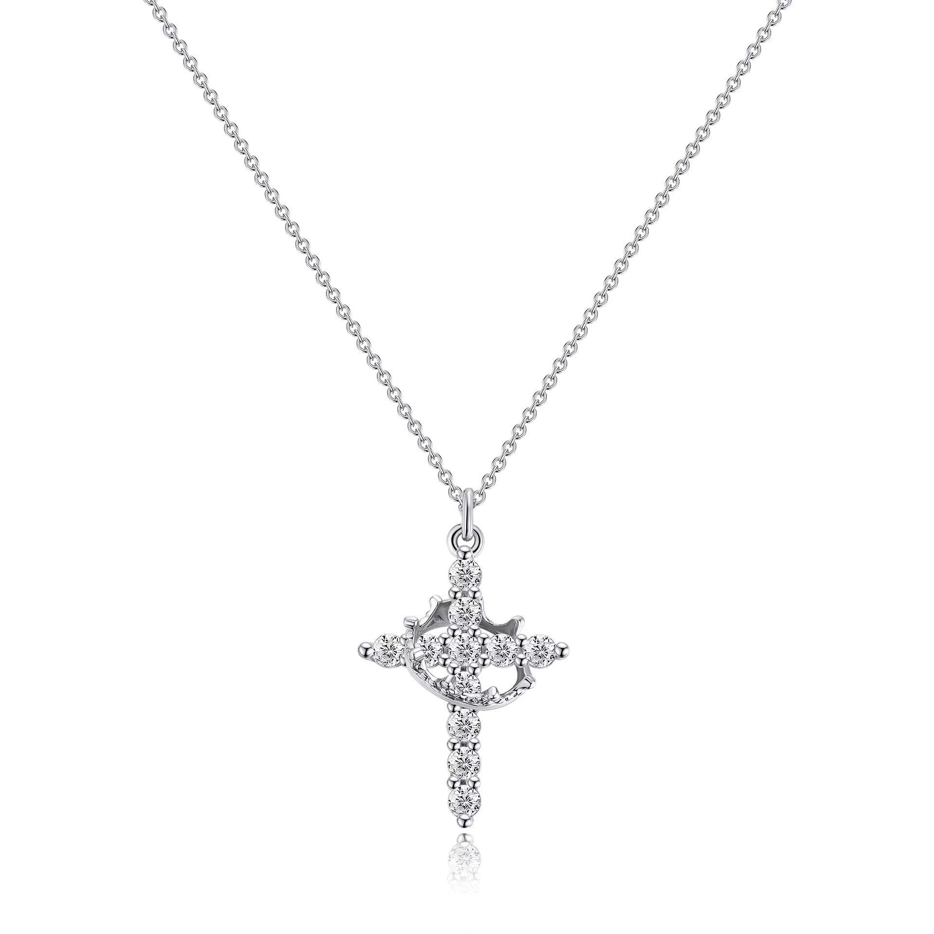 Crowned Faith S925 Sterling Silver Tri-Tone Crystal Crown Cross Necklace