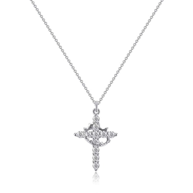 Crowned Faith S925 Sterling Silver Tri-Tone Crystal Crown Cross Necklace