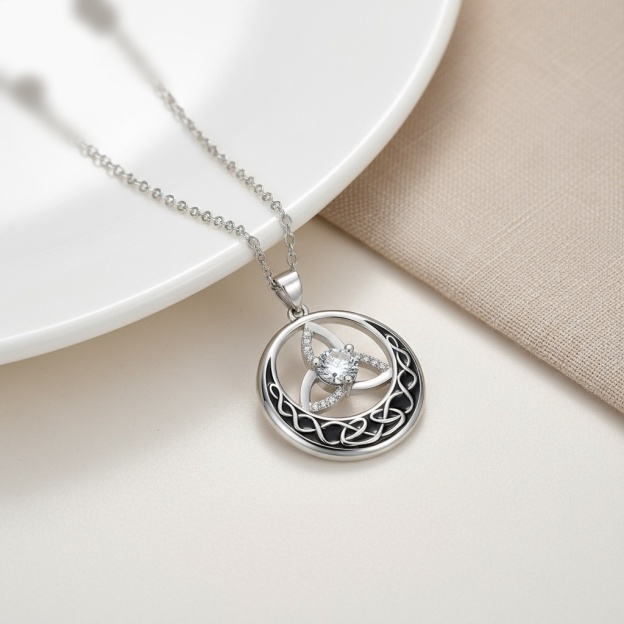 Celtic Moon Halo S925 Sterling Silver Black Enamel Protection Power Necklace