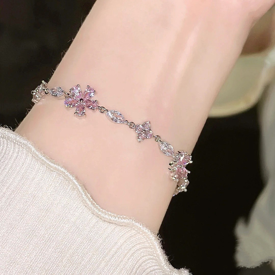 Cherry Blossom Glow S925 Sterling Silver Pink Crystal Cherry Blossom Bracelet