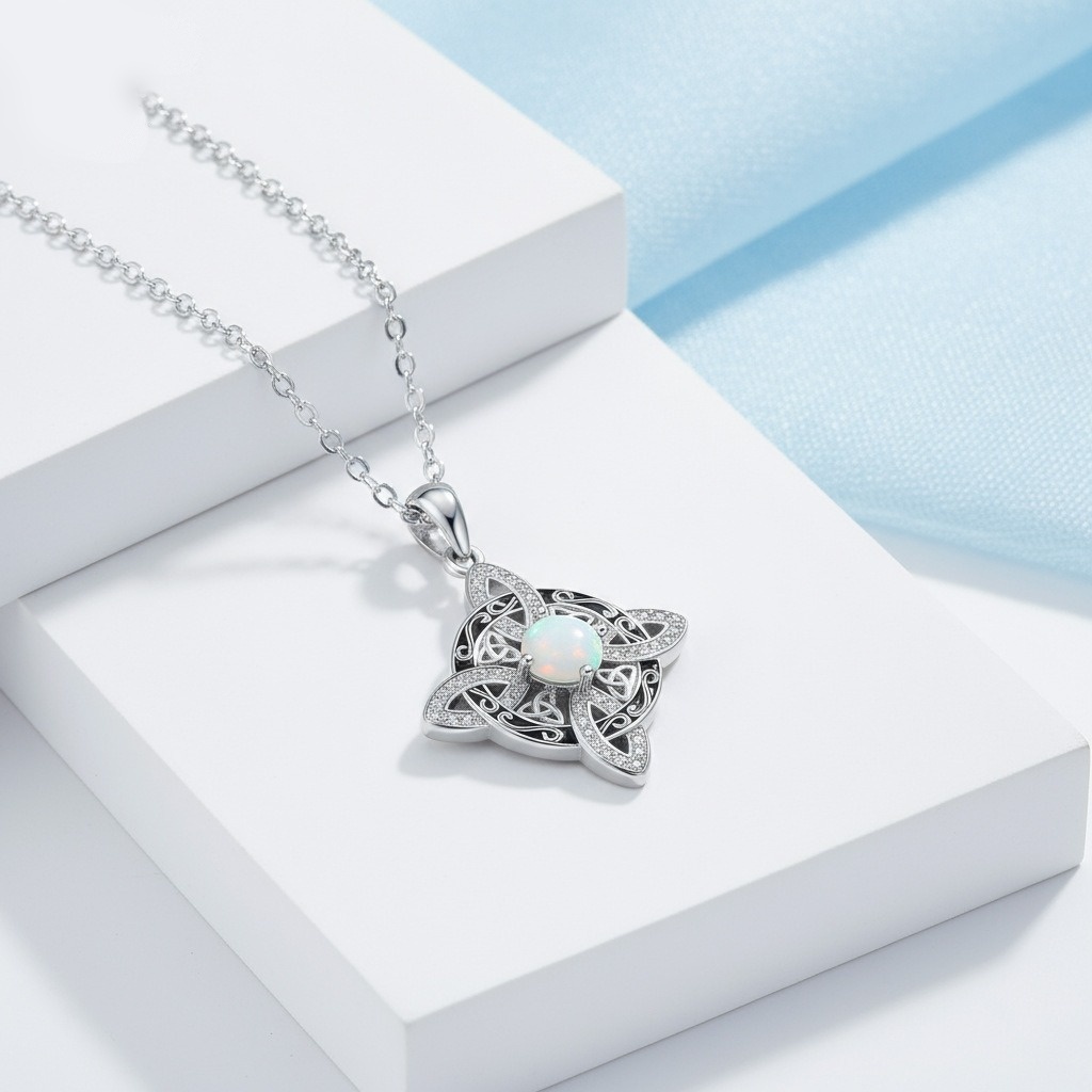 Iridescent Protection S925 Sterling Silver Opal Celtic Knot Necklace