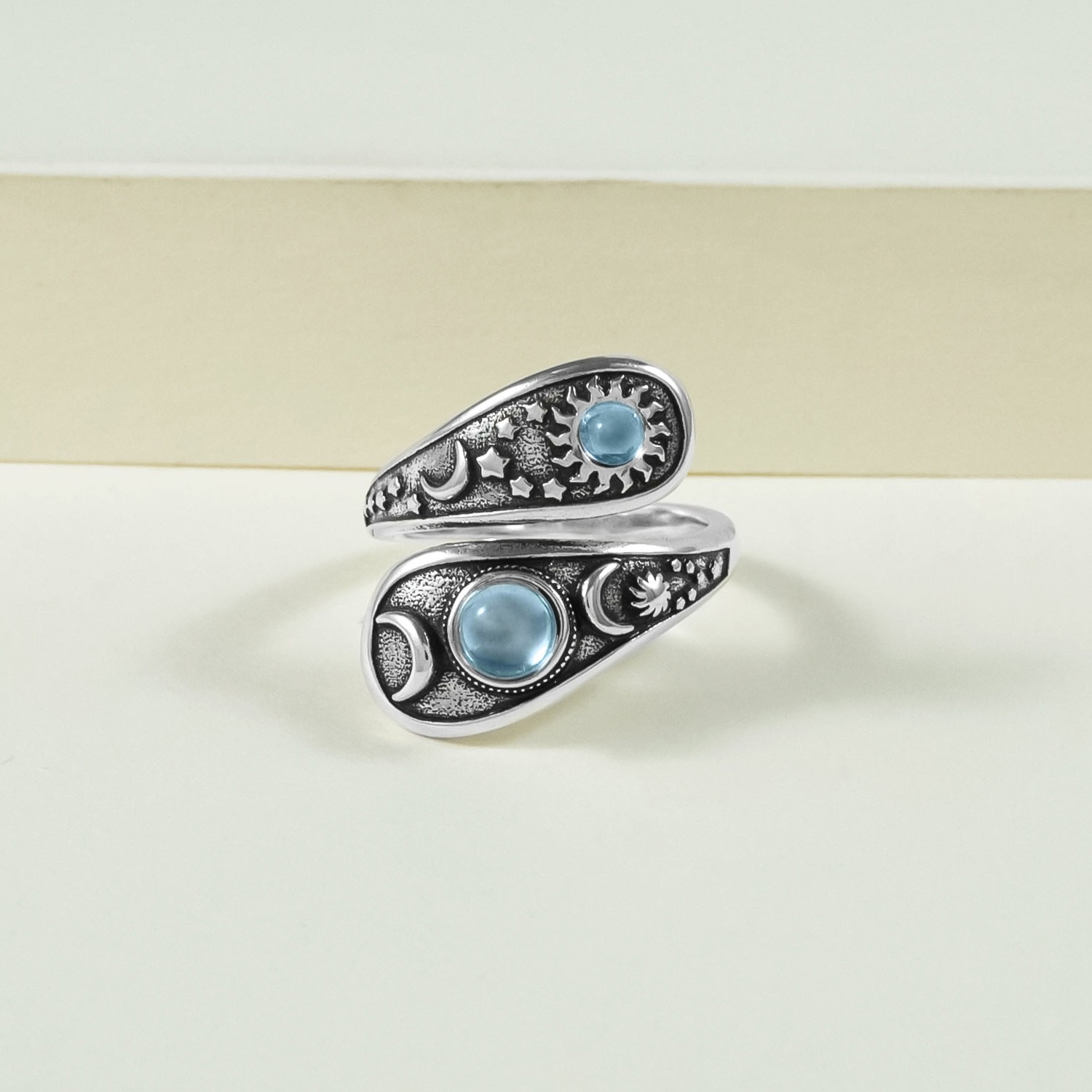 925 Silver Antique Finish Sun & Moon Double-Band Ring - Aquamarine-Style Gem Retro Niche Band