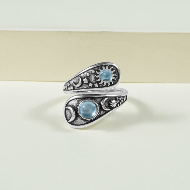 925 Silver Antique Finish Sun & Moon Double-Band Ring - Aquamarine-Style Gem Retro Niche Band