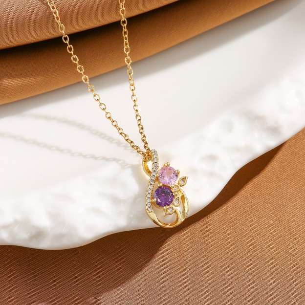 Twin Blossom Gourd Two-Tone Pink Purple Gem Necklace