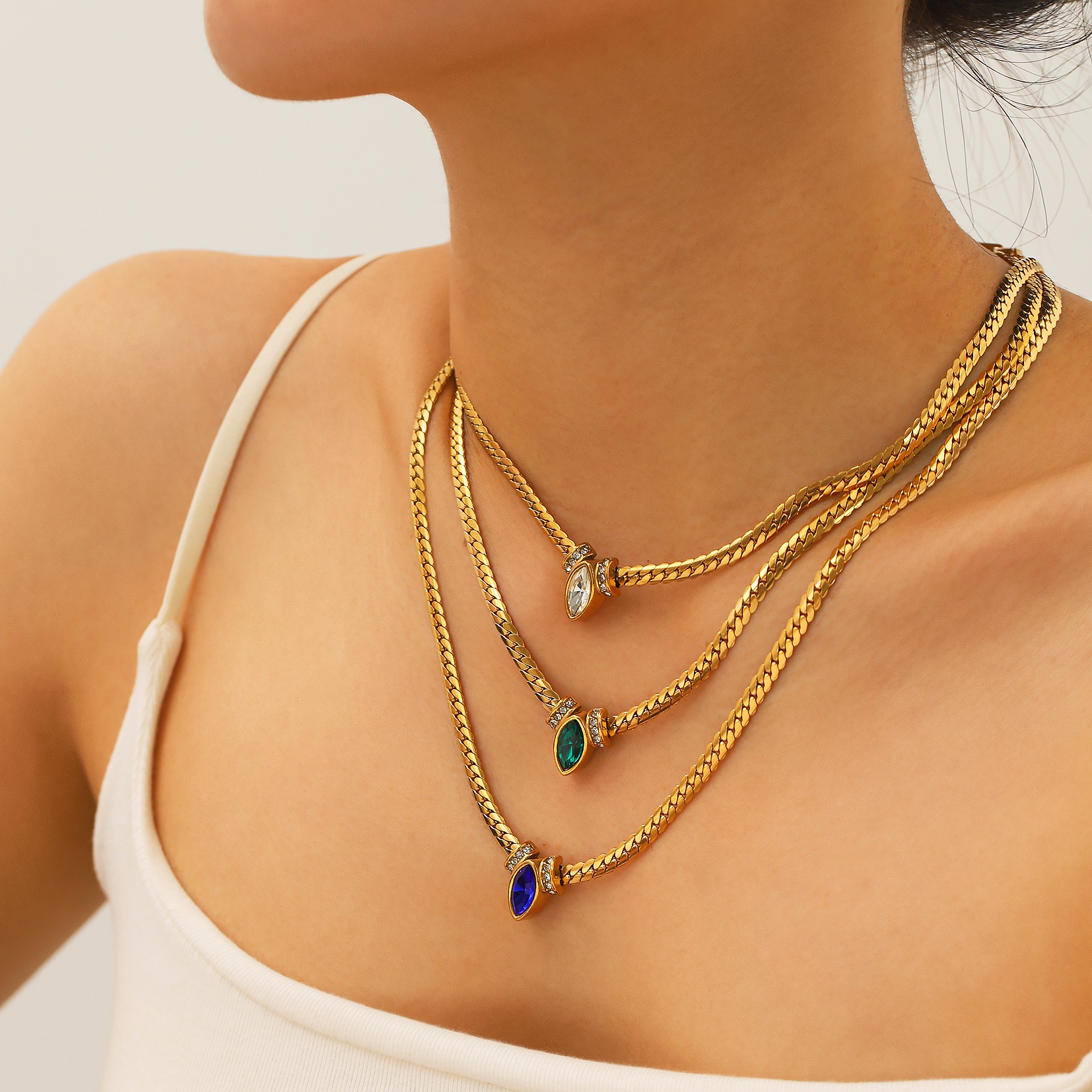 Marquise Gemstone Thin Gold Cuban Link Necklace