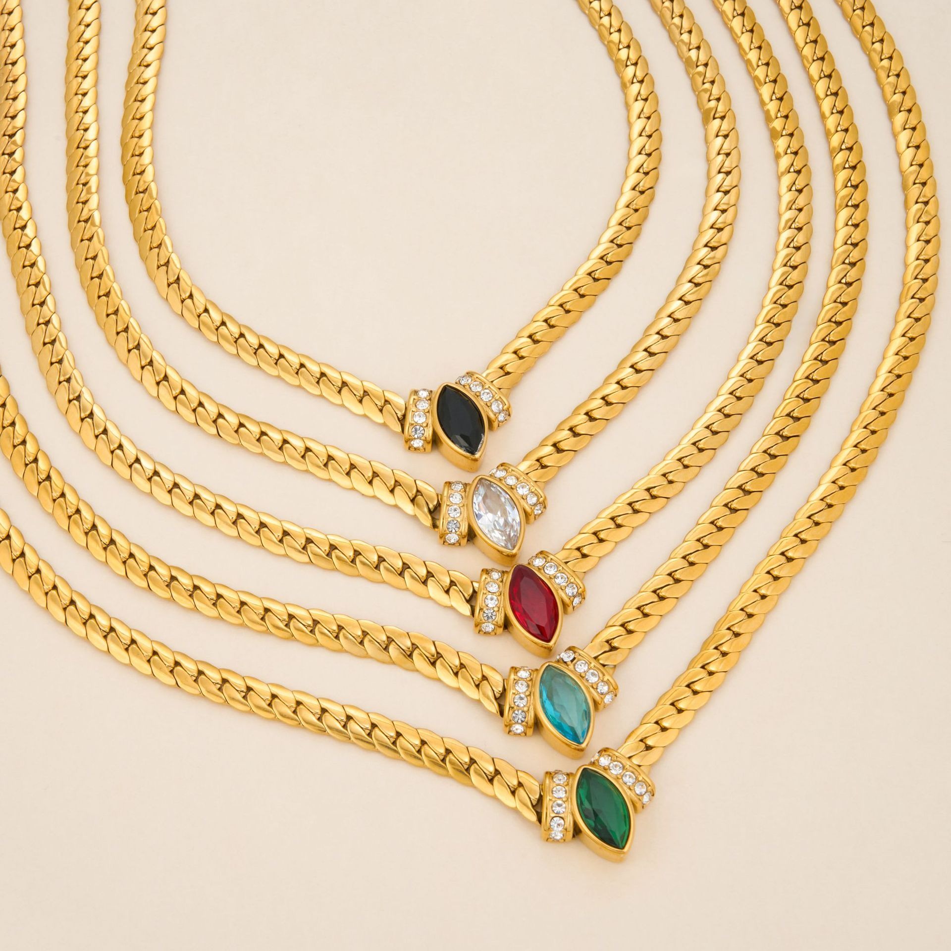 Marquise Gemstone Thin Gold Cuban Link Necklace