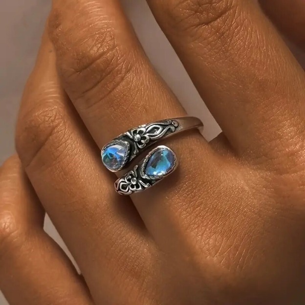 Vintage Oxidized S925 Silver Gemstone Open Ring