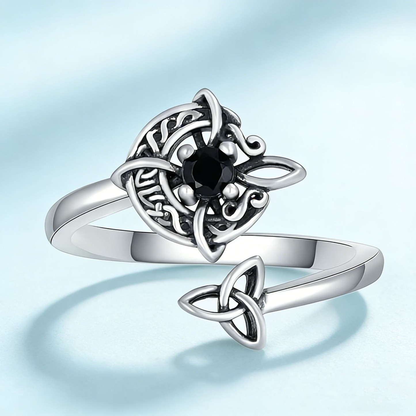 Celtic Guardian S925 Silver Black Onyx Witch Power Open Ring