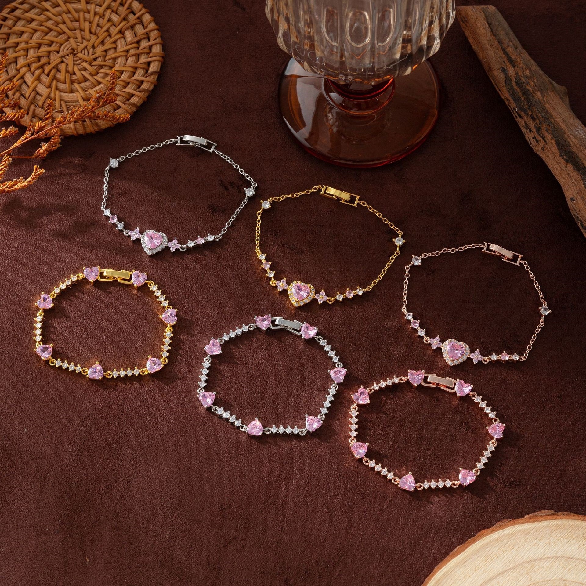 Pink Heart Crown 18K Gold/Rose Gold Pink Heart Pave Bracelet