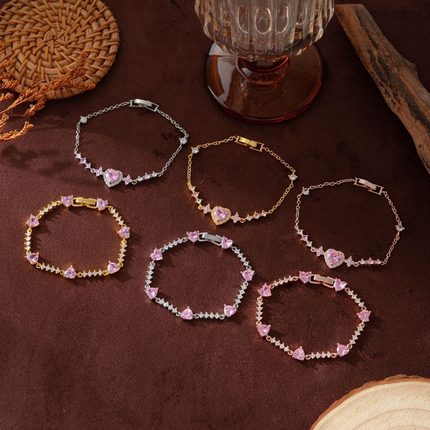 Pink Heart Crown 18K Gold/Rose Gold Pink Heart Pave Bracelet
