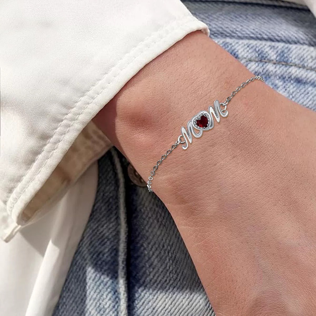 Beloved MOM S925 Silver Birthstone Heart Bracelet 