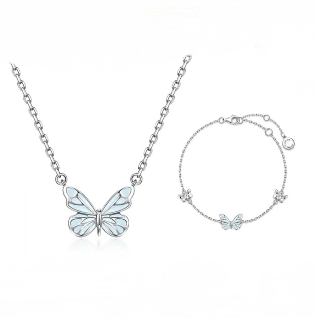 Glow-in-the-Dark Night Butterfly Platinum-Plated Necklace Bracelet Set