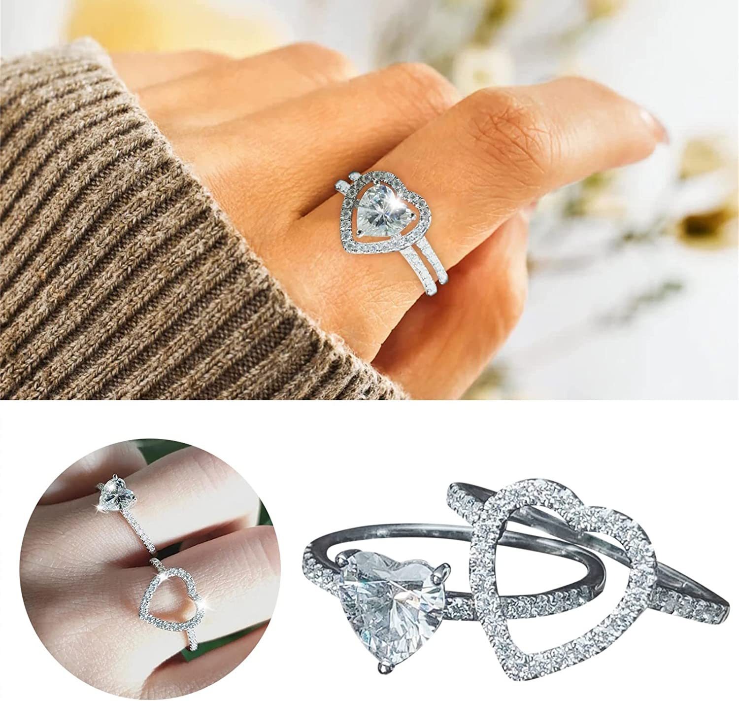 S925 Sterling Silver Plated White Gold Heart-Shaped Full Diamond Double-Layer Ring
