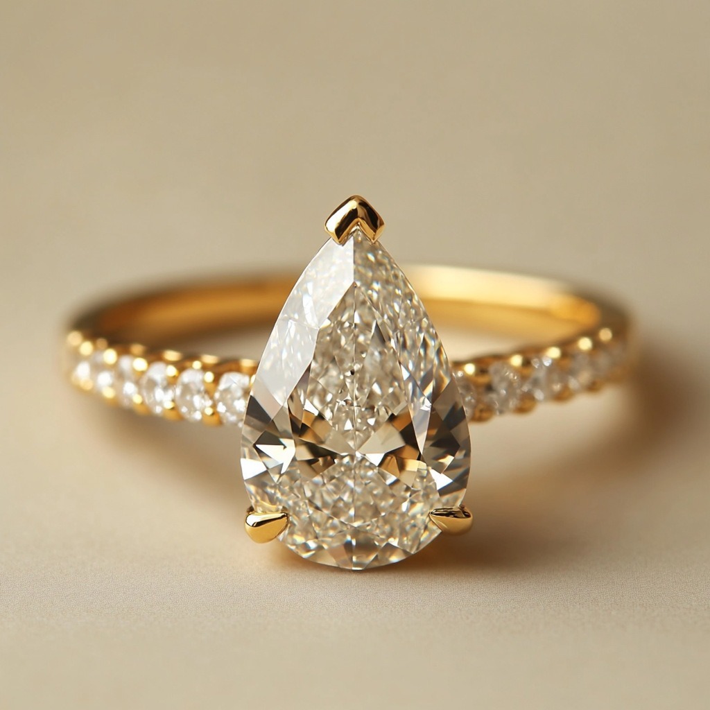 18K Gold/White Gold/Rose Gold Pear Main Diamond Full Accent Diamond Ring