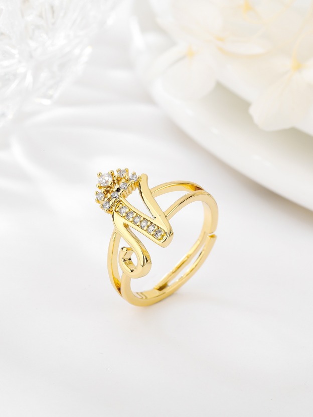 26 Letters Optional Crown Diamond-Encrusted Ring - Women's Light Luxury Personalized Letter Accessory