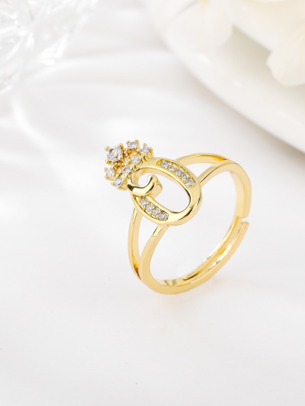 26 Letters Optional Crown Diamond-Encrusted Ring - Women's Light Luxury Personalized Letter Accessory
