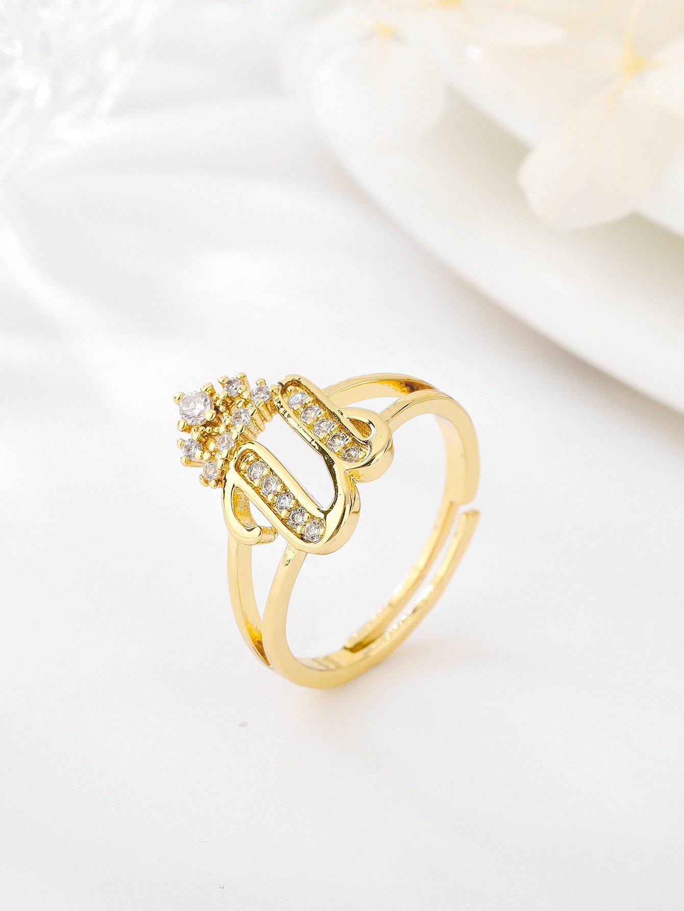 26 Letters Optional Crown Diamond-Encrusted Ring - Women's Light Luxury Personalized Letter Accessory