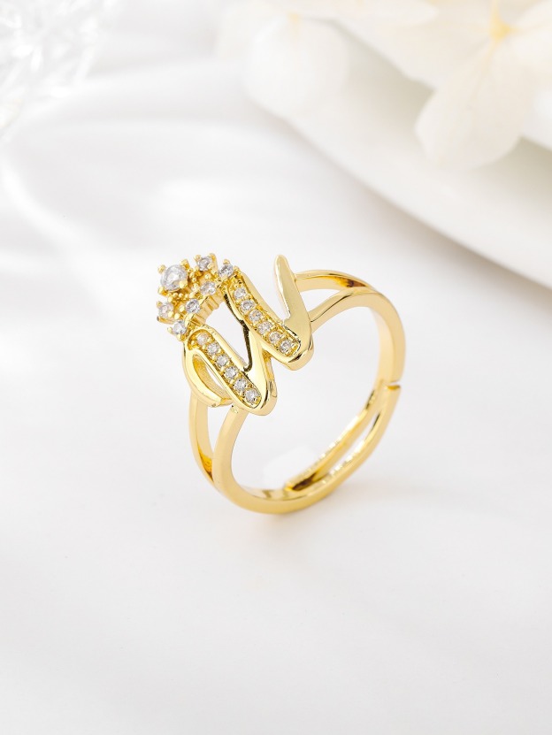 26 Letters Optional Crown Diamond-Encrusted Ring - Women's Light Luxury Personalized Letter Accessory