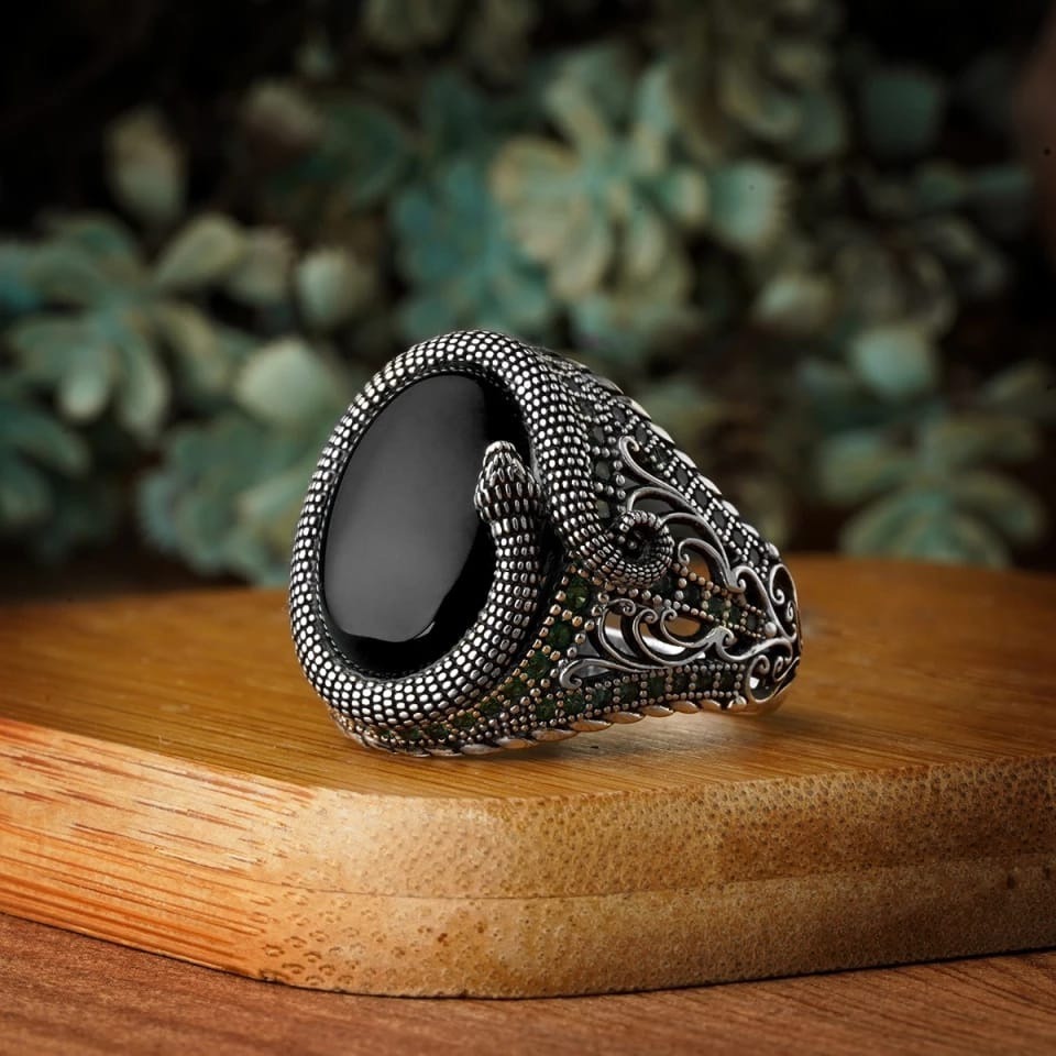 Vintage Obsidian Protection Snake Ring