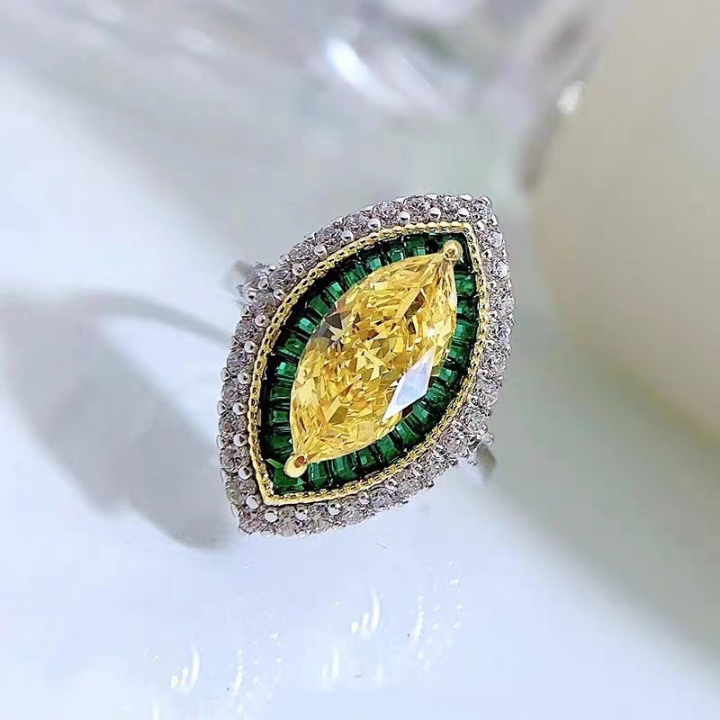 Marquise Yellow Diamond Emerald Halo Ring