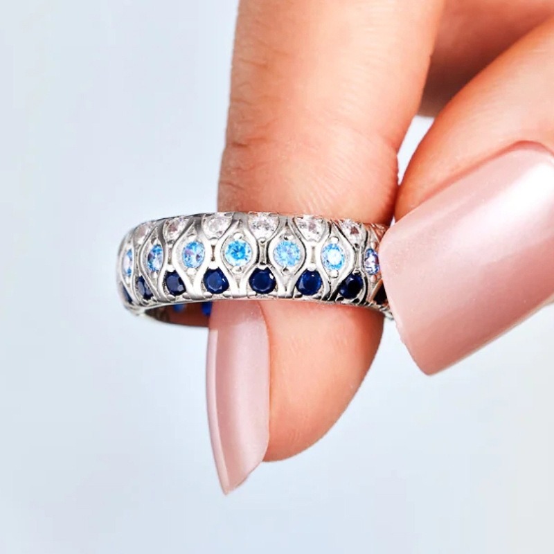 「Deep Sea Gradient」S925 Sterling Silver Three-Tone Blue Quilted Band Ring