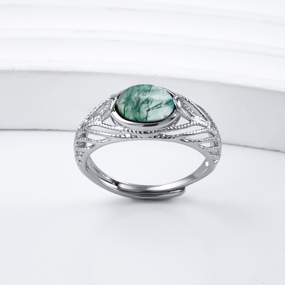Natural Moss Agate S925 Sterling Silver Adjustable Ring 