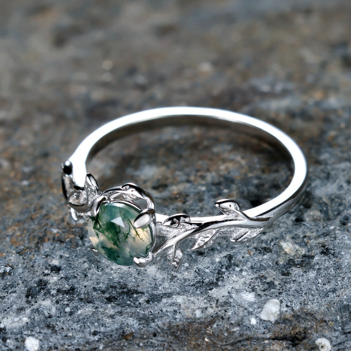 S925 Sterling Silver Natural Moss Agate Vine Ring