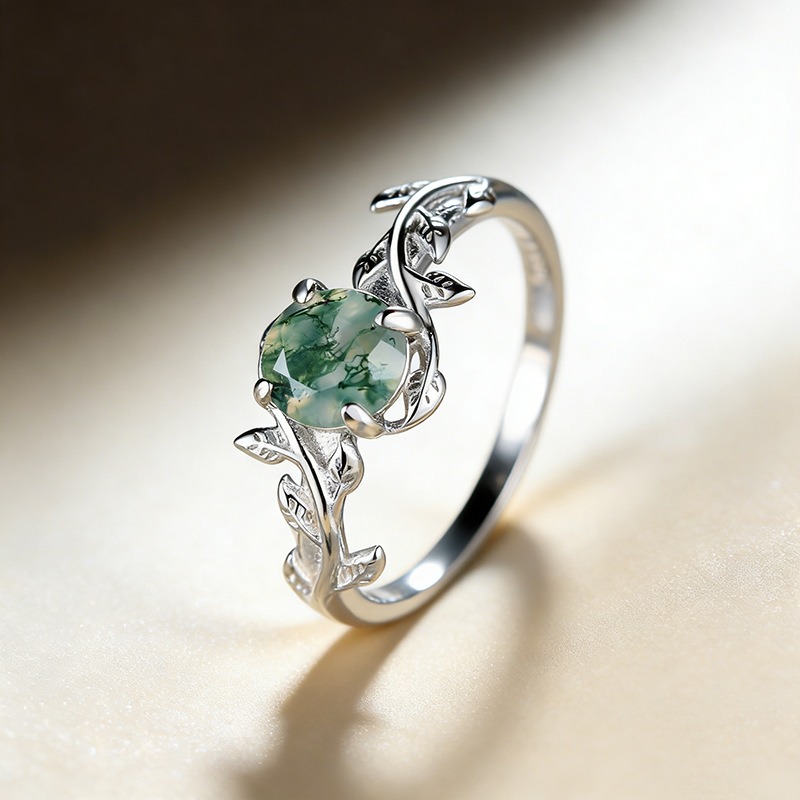 S925 Sterling Silver Natural Moss Agate Vine Ring