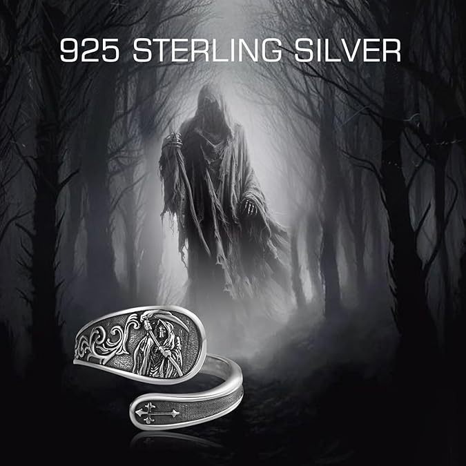 S925 Sterling Silver Vintage Grim Reaper Soul Guardian Adjustable Ring