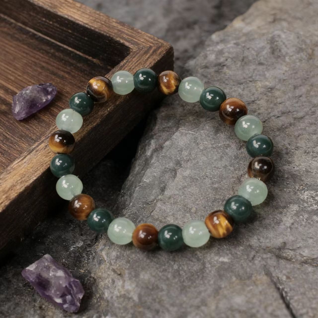 Career Success Energy Crystal Bracelet - Natural Tiger's Eye & Green Aventurine Beaded Bracelet