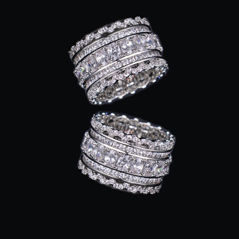 S925 Sterling Silver Multi-Row Pave CZ Wide Eternity Statement Ring