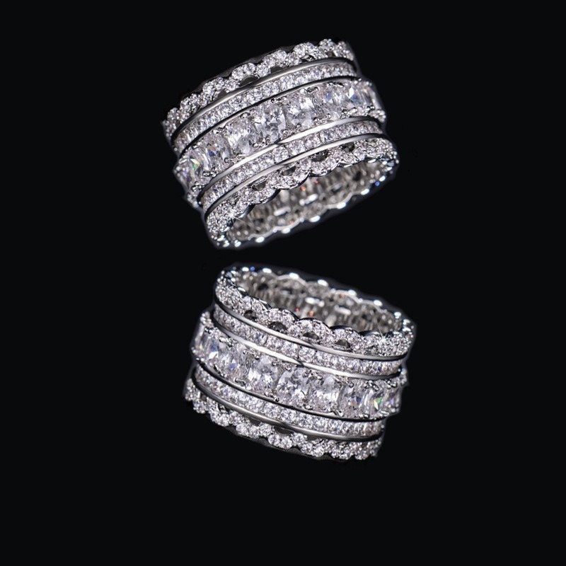 S925 Sterling Silver Multi-Row Pave CZ Wide Eternity Statement Ring